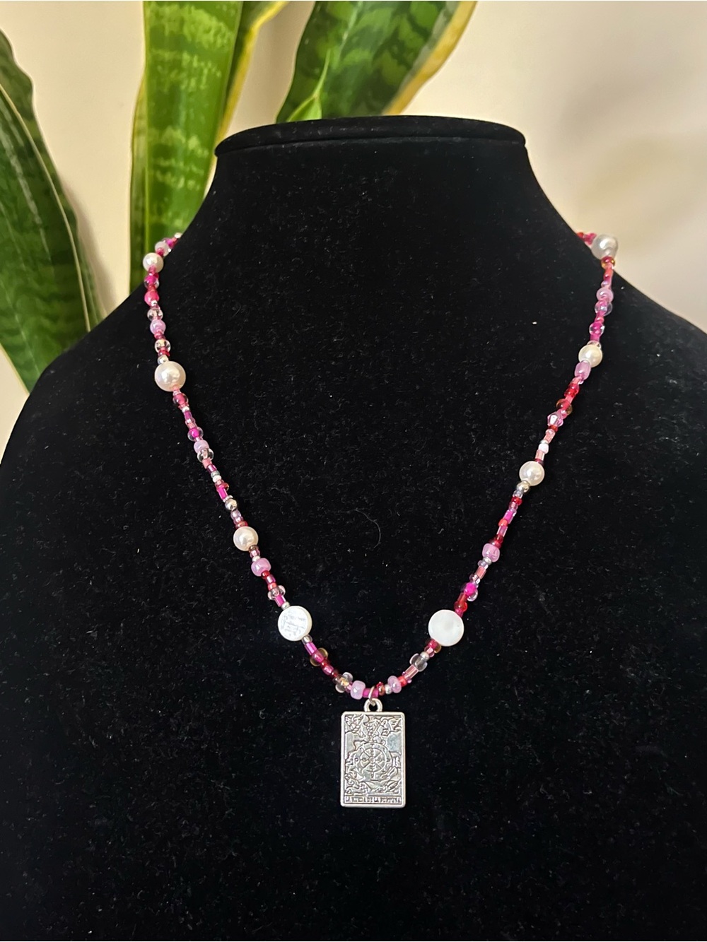 Silver Plated Tarot Card La Rueda De La Fortuna Pink Beaded Necklace